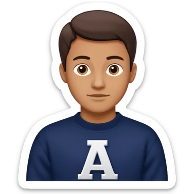 man wearing a dark navy sweater with a giant white letter A on the upper right of the chest in collegiate font sticker