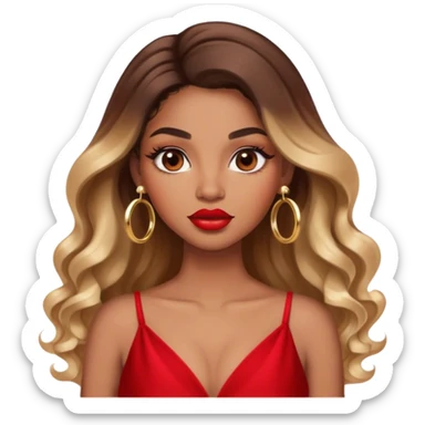 light brown skin tone, very beautiful woman, with big plump lips, long long lashes, ombre wavy long hair, brown eyes, red dress, gold hoop earrings sticker