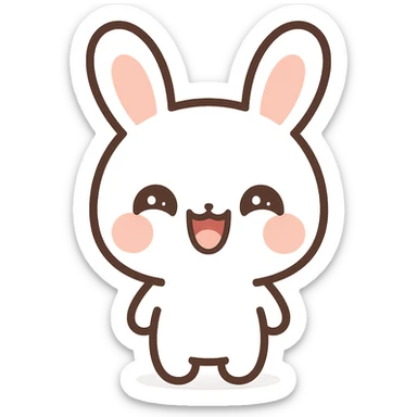 chibi kawaii bunny, white with soft pink cheeks, big upright ears, pink inside, crescent eyes, open laughing mouth, minimalist, clean lines, centered, flat color palette, thick outlines, vector style, simplified shading, high-contrast, sticker-ready sticker