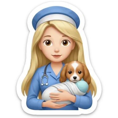 long haired nurse holding baby dog sticker