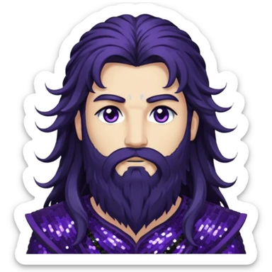 Boreas, God of North Wind from Gods and Goddesses with long black shaggy hair and beard, dark purple sequin outfit sticker