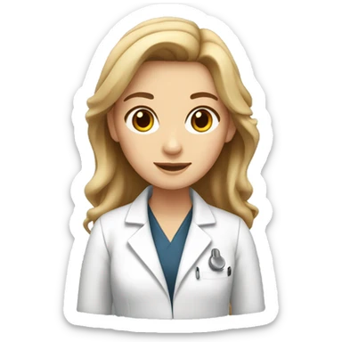 white girl with bronde hair wearing a lab coat sticker
