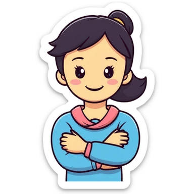 Girl laughing with crossed arms holding neck sticker