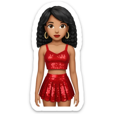 Kelly Rowland with black hair, red sequin crop top and skirt sticker