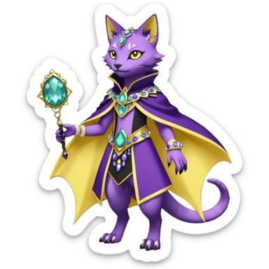 Kawaii cute Violet Yellow Black beautiful pretty elegant divine edgy feline-vernid-sergal-Fakémon-Pokémon-Digimon-fursona-animal-creature, full body, with intricate detailed markings, Embroidered capelet, Gem-studded horn ring sticker