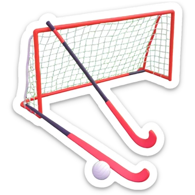 field hockey stick and ball on vibrant green grass field with goalposts sticker