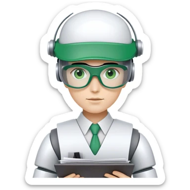 human like robot bookkeeper wearing  accountant Green eyeshade visor  and holding spreadsheets sticker