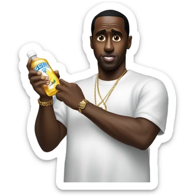 Sean Diddy Combs holding a bottle of baby oil sticker