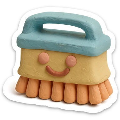 playful cleaning brush with a smiling face in claymation style, pastel colors sticker