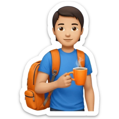 an asian man in blue t-shirt with orange cup of coffee and backpack on the back. Eiffel tower on the background. shoulder length  sticker