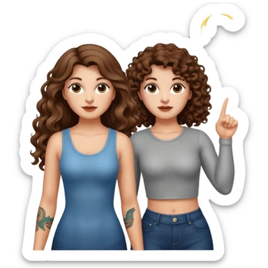 moon symbol discovery — long wavy brown hair tattooed woman and short tight curly brown hair woman — pointing up sticker