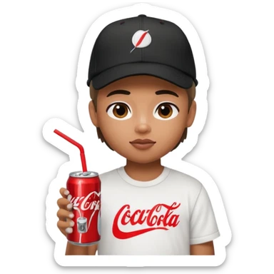 generate a pretty bratz boy with a nike black baseball cap, a white tshirt and drinking coke  sticker