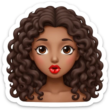 Brown woman with dark brown long curly hair with a kiss face sticker