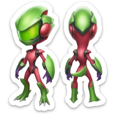 a shiny Genesect-Flygon-Raptor-Fakémon—hybrid with a futuristic visor-helmet full body sticker