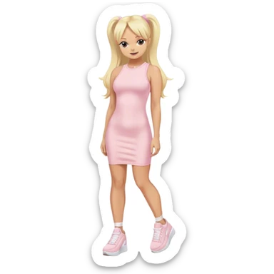 Emma Bunton with long blonde ponytails wearing light pink bodycon dress with white platform sneakers sticker