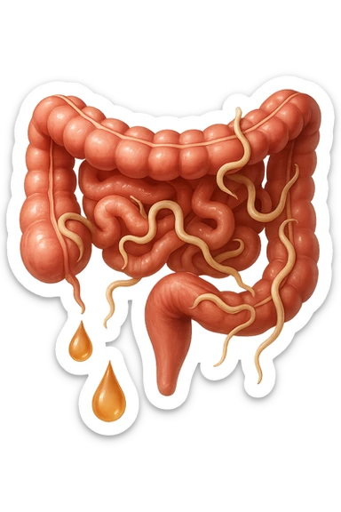 Realistic medical image of microscopic parasites leaving the intestines after taking natural kinesiological drops, symbolizing detox and cleansing. sticker