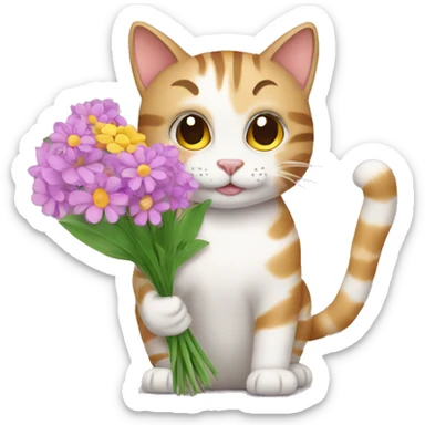 a tabby cat hold various flowers sticker