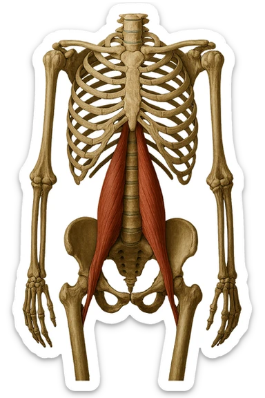 fai un immagine identica che riguarda IL MUSCOLO PSOAS i in evidenza (anatomicO) con colori naturali di un corpo umano. falla iperrealistica anatomica in 4k sticker