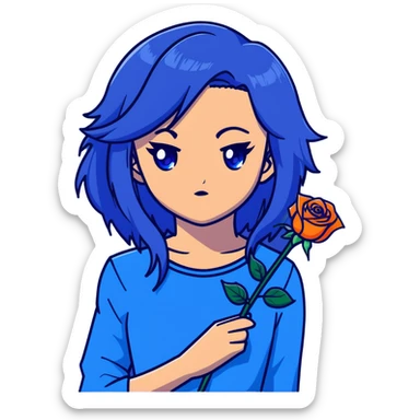 head portrait of anime girl with long dark blue hair, blue rose in hair, intense glaring blue eyes, dramatic JoJo's Bizarre Adventure style expression, sharp angular features, extreme close-up, dynamic pose sticker