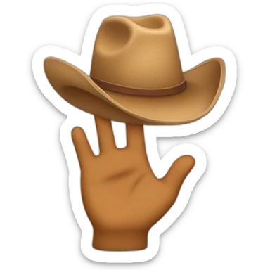 An emoji wearing a brown cowboy hat and waving his hand down the middle of the hat sticker