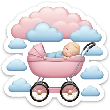 sleeping baby with closed eyes in pink and beige stroller with pastel blue clouds around it sticker
