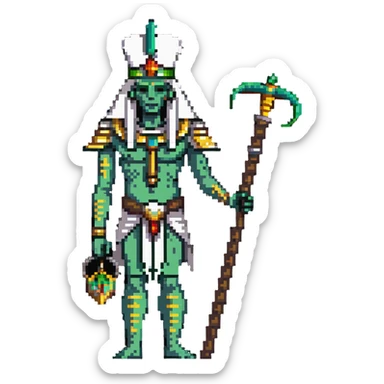 Egyptian god Osiris with green skin, mummified body, white Atef crown with feathers, holding crook and flail sticker