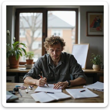 realistic image of a person at a desk, working hard with papers and creative tools scattered around, showing both excitement and a bit of stress sticker