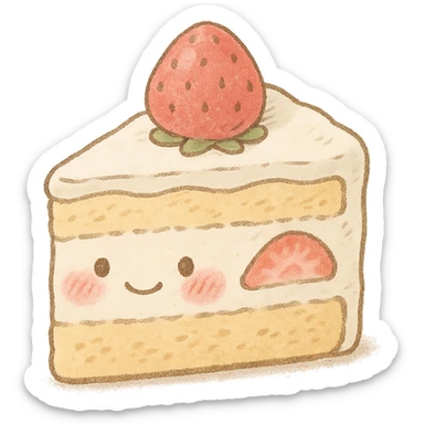 kawaii strawberry cake slice, soft pastel Japanese hand-drawn style, full object, transparent background, with blushing cheeks sticker