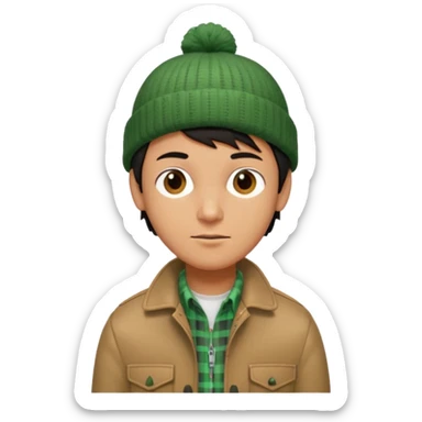 young man with longish black Beatle haircut, brown eyes, tan complexion, green beenie hat, tan jacket, checked shirt , pork chop sideburns sticker