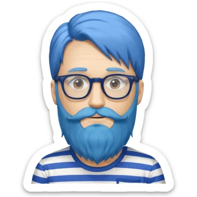 man with long blue hair, glasses, and a long beard and wearing a striped t-shirt sticker