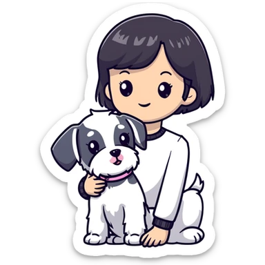 Girl with short black hair and bangs holding a white schnauzer dog sticker