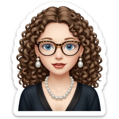 a blue eyed woman with very long brunette curly hair, full lips,and really pale skin. She is wearing a leopard printed thin round-ish glasses . She is wearing fully plain silky black dress. She is wearing pearl necklase and pearl earrings. saying hello sticker