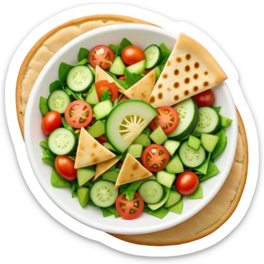 Cinematic Realistic Fattoush Salad Dish Emoji, depicted as a colorful medley of greens, tomatoes, cucumbers, and crispy pita rendered with vibrant textures and refreshing lighting. sticker