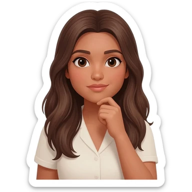 24 YEARS OLD hand in the chin questioning something, LONG BROWN HAIR, TAN SKIN, DARK BROWN EYES, TEACHER sticker