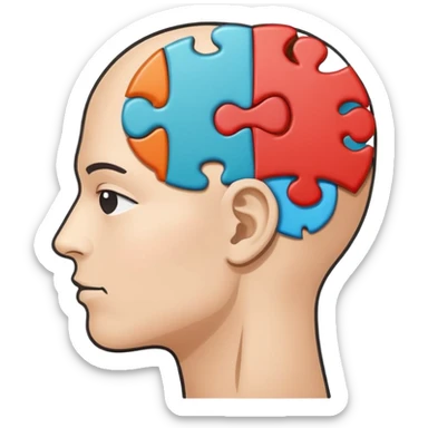 Minimalistic flat vector icon, iOS style, thin black contour on white background. Human head profile with a brain inside, split into puzzle pieces. No text, no shadows. sticker
