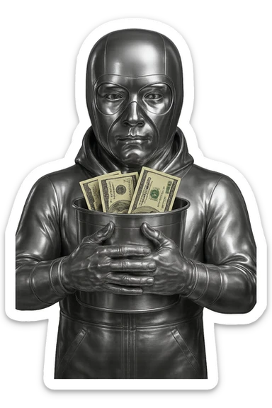 Make the character's face and hands chrome, matching the rest of the suit and bucket. Keep the background transparent and the realistic dollar bills unchanged. The entire figure should have a shiny, reflective chrome finish except for the dollar bills. sticker