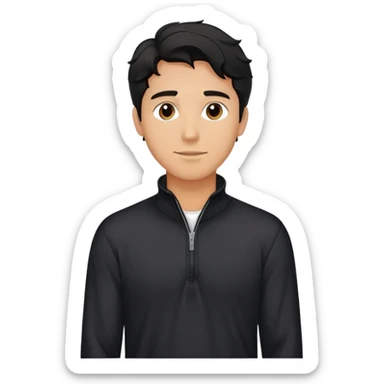 Relaxed fit black quarter-zip shirt on man with wavy black hair, not form-fitting sticker