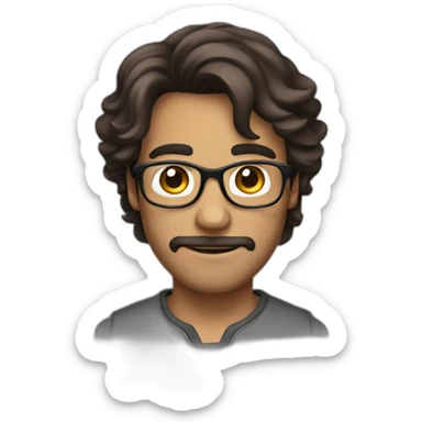 guy with curled mi-long hair, brune, with glasses, with small facial hair sticker