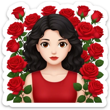 Brown eyes black wavy hair red roses backdrop ted top  sticker