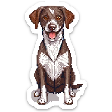 Make the German shorthaired pointer sit in the same position as the cartoon style reference, with a big smile, keeping the pixel art style. sticker