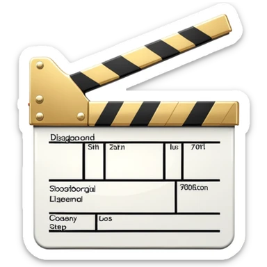 stylized clapperboard with shiny gold upper part and white lower part, diagonal striped pattern sticker