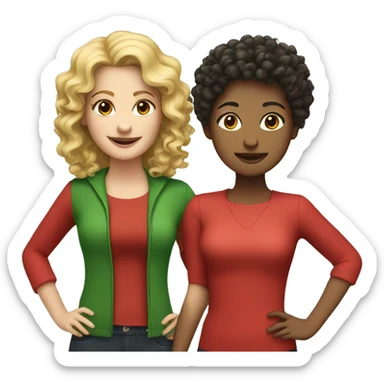 two friends: a curly-haired woman with dark hair in red clothing and a blonde in green sticker