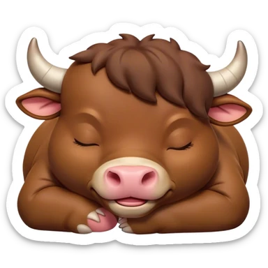 Meme-Worthy Cute Sleeping Brown Bull Portrait Emoji, Head resting peacefully with a contented smile, showcasing a robust, massive build and a luxuriously soft rich brown hide, eyes shut in a serene, restful nap, Simplified yet hilariously adorable features, highly detailed, glowing with a soft, drowsy light, high shine, relaxed and utterly lovable, stylized with an air of playful laziness, bright and heartwarming, soft glowing outline, capturing the essence of a comically sleepy guardian, so meme-worthy it feels like it could instantly become the next viral sensation of adorable slumber! sticker