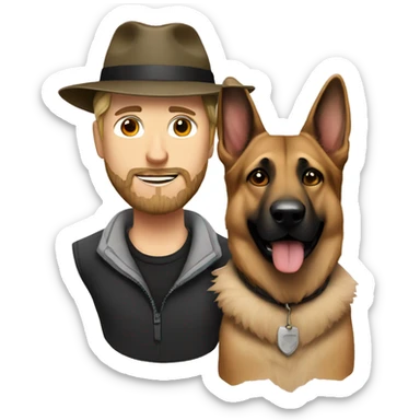 white male with beard and a hat alongside a german shepherd  sticker