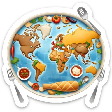 Icon for Culinary Tourism: a world map with food elements like a fork, knife and dish, surrounded by iconic dishes from various countries. The icon should represent the exploration of global cuisines and travel experiences. Transparent background. sticker