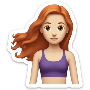 a redhead girl with long hair doing pilates, her clothes are dark purple sticker