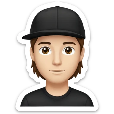 a white bro with brunette hair, wearing a black cap and a black shirt sticker