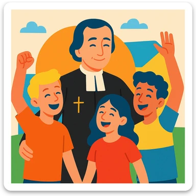 modern Christian vocational animation, figure of Brother Gabriel Taborin with young people, joyful atmosphere, modern style, vibrant colors, subtle cross sticker