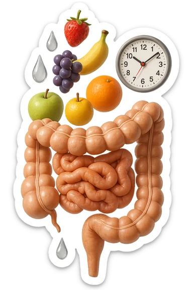 frutta mista cade dall'alto verticalmente insieme a 3 gocce di acqua 3d e un orologio da parete, davanti a questi elementi c'è un intestino umano anatomico iperrealistico sticker