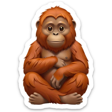 cinematic-orangutan-realistic-full-body-sitting-emoji,-massive-frame-relaxed-with-arms-folded-thoughtfully,-thick-orange-fur-flowing-in-the-breeze,-head-tilted-dramatically,-deep-dark-eyes-filled-with-ancient-wisdom,-simplified-yet-realistic-focused-features,-highly-detailed,-glowing-with-an-almost-sarcastic-glow sticker